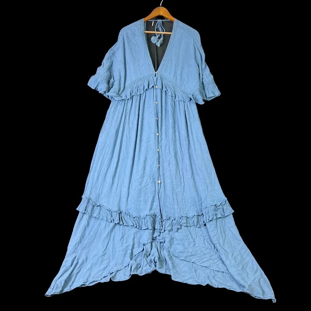 Free People Ruffle Tiered Maxi Dress Blue Cottage V-Neck Boho Festival Size M
